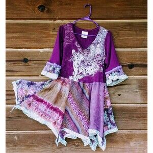 Upcycled Womens Tunic Top Purple, White, Blue Uneven Hemline Lace Trim. Sz L